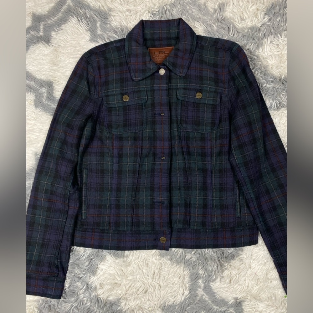 Lauren Ralph Lauren Tartan Denim Jean Jacket Womens LG Green Plaid Cotton
